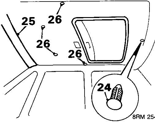 Diagram showing removal of headlining studs and rear screen top finisher with callout numbers 24, 25, and 26