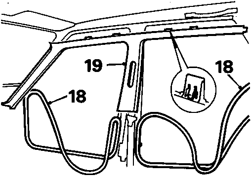 Diagram showing release of door sealing rubbers and post finishers with callout numbers 18 and 19