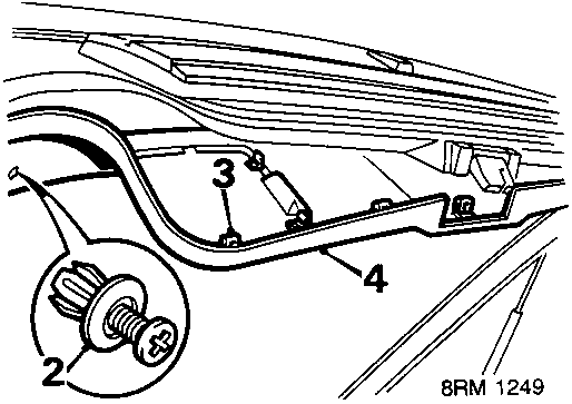 Diagram of taildoor trim pad showing location of 2 screws and clips, and release points at lower corner securing trim pad to taildoor.