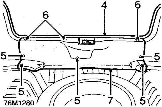 Diagram of luggage compartment finisher showing release points for taildoor aperture seal, screws securing trim finisher to body, and clips securing finisher to body around the spare wheel well.