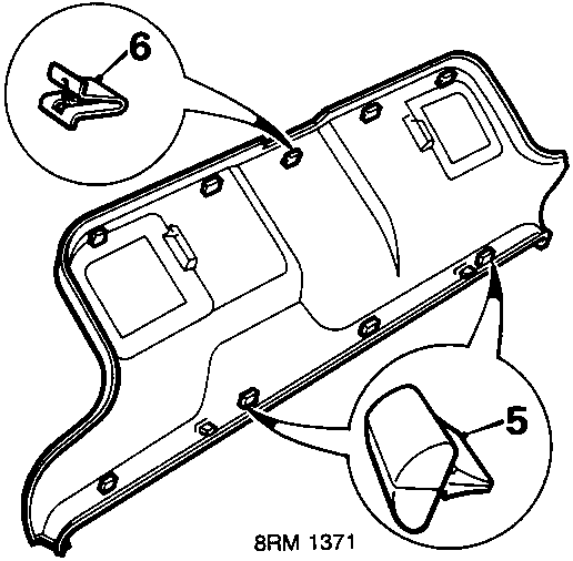 Diagram of removed taildoor trim pad showing location of 2 buffers and 10 clips on the reverse side.