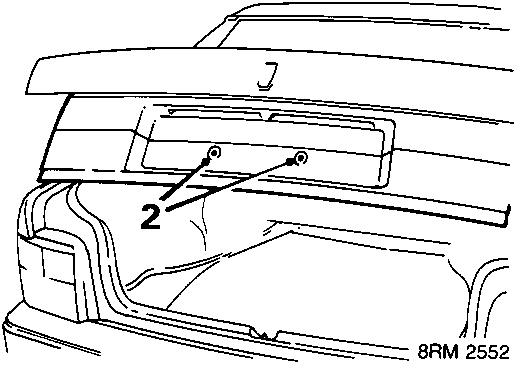 Rear of vehicle showing number plate and applique on luggage compartment lid with callout 2 pointing to screws.