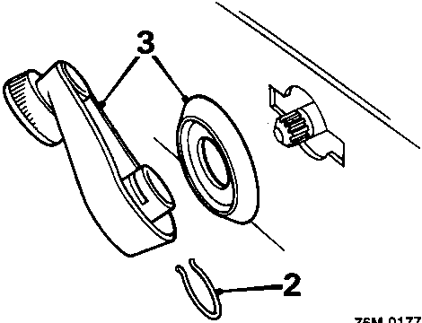 Window regulator handle assembly removed from trim panel, showing handle, bezel, and retaining clip with callouts 2 and 3.