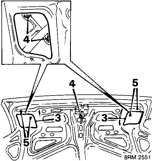 Interior view of luggage compartment lid structure showing internal reinforcement, callouts 3, 4, and 5 pointing to nuts and washers.
