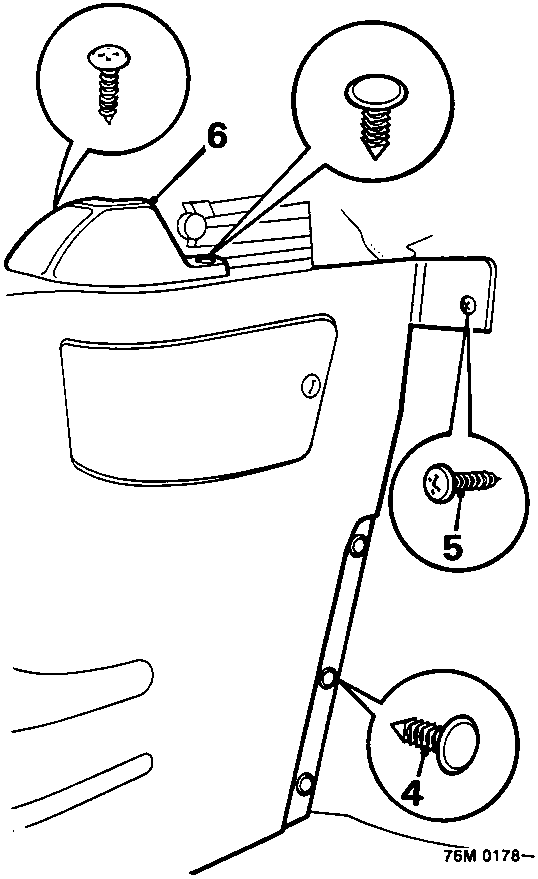Rear quarter trim panel showing fixing points for trim pad, panel, and hood hinge cover with callouts 4, 5, and 6.