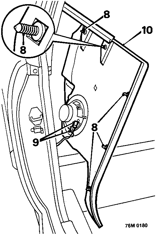 Diagram showing rear quarter trim panel with fixing studs (8, 9) and trim panel (10) on the 'B' post and waist rail