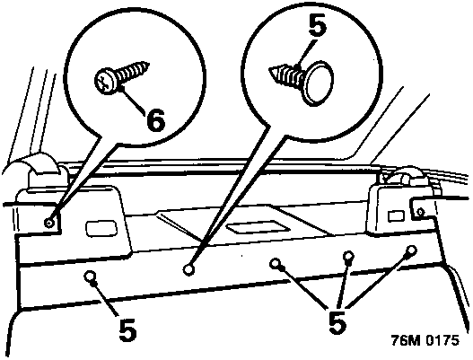 Diagram showing the forward edge of the rear shelf trim with five fixing studs (callout 5) and screws securing the rear quarter trim panel to seat squab latch brackets (callouts 5 and 6).