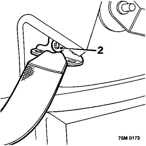 Diagram showing the removal of a lower fixing bolt from a rear seat belt strap, indicated by callout number 2.