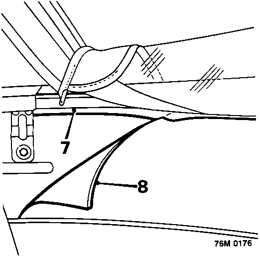 Diagram showing the release of the rear edge of the rear shelf trim from beneath a seal (callout 7) and the removal of the trim itself (callout 8).