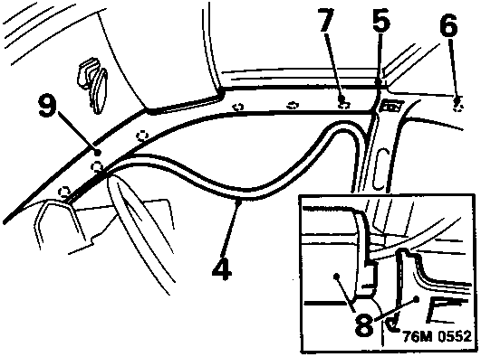 Diagram showing release of seal and clips on upper 'B' post, upper 'A' post, cantrail and rear quarter trim, labeled 4 to 9