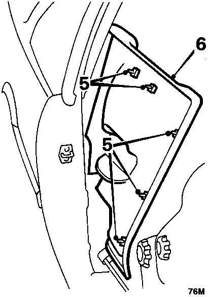 Diagram showing the rear quarter trim panel being removed with callout numbers 5 and 6 indicating studs on 'B' post and waist rail