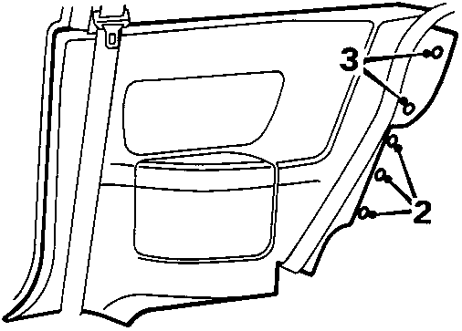 Diagram showing the rear quarter trim panel with callout numbers 2 and 3 indicating fixing studs and screws