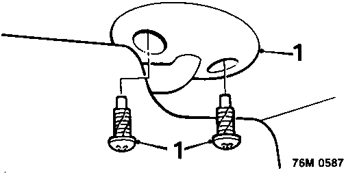 Diagram showing sun visors (1) attached to the roof with screws and clips, reference 76M 0587