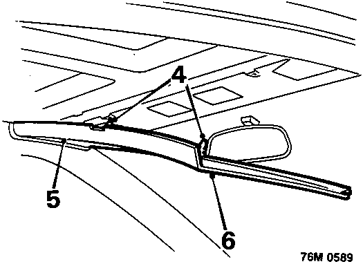 Diagram showing the front headlining (4) being detached from the 'A' post trim panel (5) and upper trim (6), reference 76M 0589
