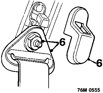 Diagram showing the L.H. upper seat belt anchorage (6) with cover removed, reference 76M 0555