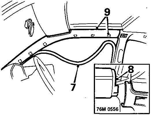 Diagram showing release of seal from upper L.H. 'B' post and cantrail, and rear edge of cantrail trim