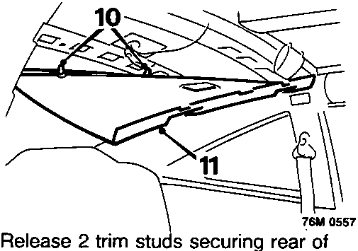 Diagram showing release of trim studs securing rear of headlining to roof and release of headlining from beneath R.H. rear quarter trim panel