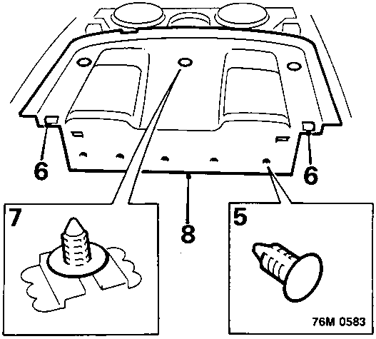 Diagram of rear shelf trim showing fixing studs and components numbered 5, 6, 7, and 8