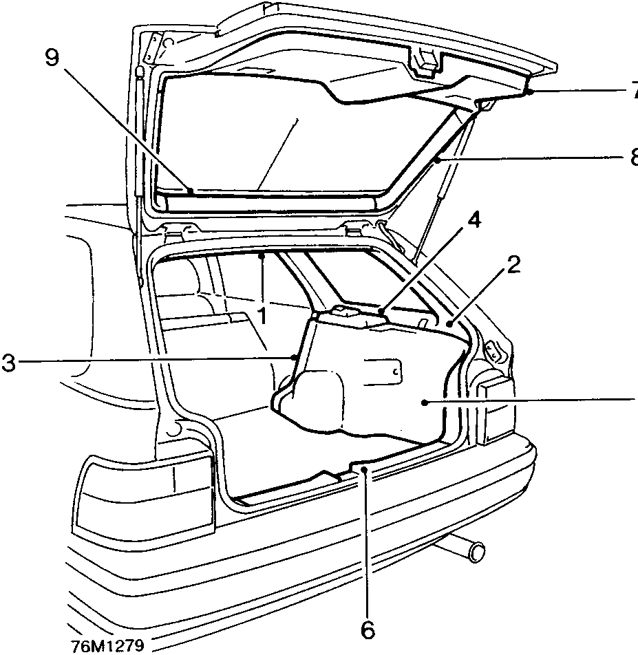 Diagram of Tourer taildoor and luggage compartment trim components with callout numbers 1 through 9
