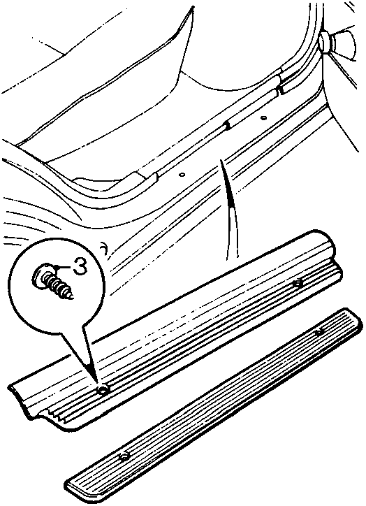 Diagram showing the rear door sill finisher and carpet retainer with a callout number 3, and reference number 76M1268.
