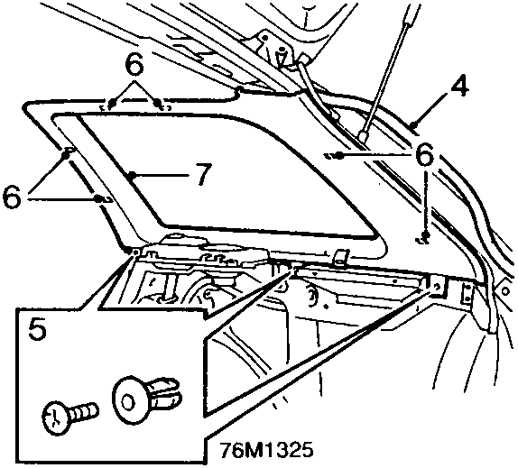 Diagram showing the 'D/E' post finisher area with callout numbers 4, 5, 6, and 7, and reference number 76M1325.