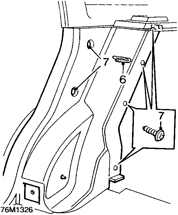 Diagram showing the lower 'D' post finisher and rear seat catch striker rubber with callout numbers 6 and 7.