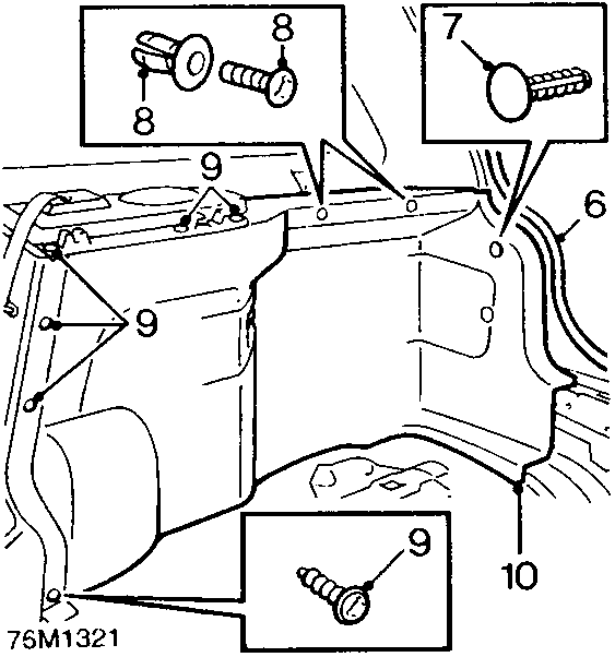 Diagram of luggage compartment side trim showing numbered fasteners (8, 9, 10) and seal (6).