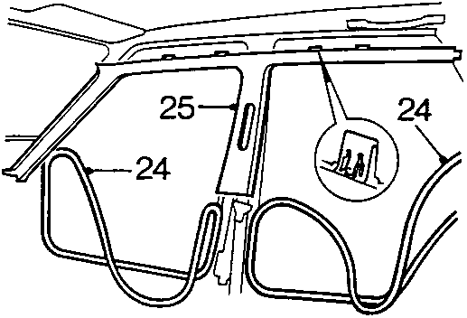 Diagram showing release of door aperture seals and post trim finishers with callout numbers 24 and 25