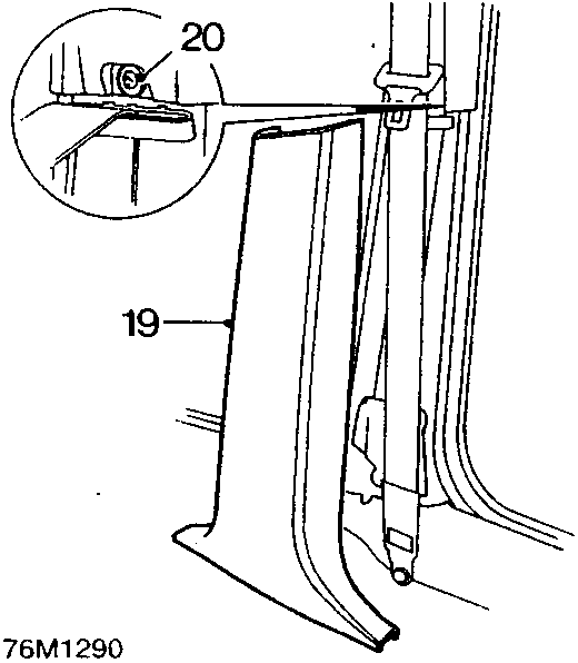 Diagram showing release of B/C post trim finisher and scrivets with callout numbers 19 and 20