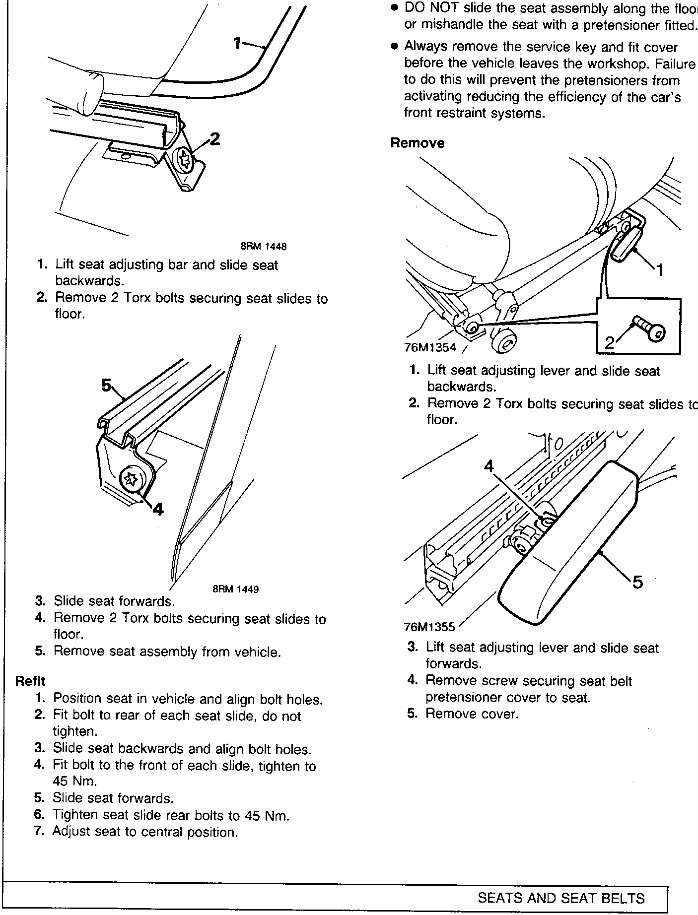 Diagram showing the seat adjusting bar (1) and a Torx bolt (2) securing the seat slide to the floor.