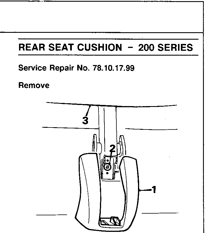Diagram showing the rear seat cushion hinge area with callout numbers 1, 2, and 3.