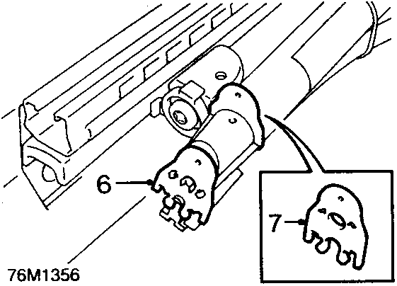 Diagram showing a pretensioner mechanism with callout numbers 6 and 7, and an inset detail of the key end.