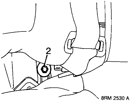 Diagram showing the rear seat cushion securing bolt with callout number 2, reference 8RM 2530 A