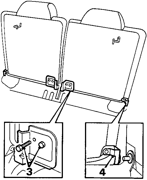 Rear seat squabs folded forward showing fixing bolts at inboard hinges (3) and disengagement at outboard hinges (4), reference 76M 0166