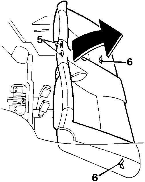 Diagram showing the removal of a seat cushion, with callout numbers 5 and 6 pointing to retaining hooks and hinge spigots.