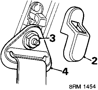 Diagram showing the upper seat belt anchorage, with callout numbers 2, 3, and 4 indicating the cover, nut, and seat belt.