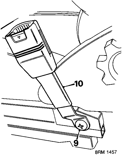 Diagram showing seat belt stalk removal from seat with callout numbers 9 and 10, reference 8RM 1457