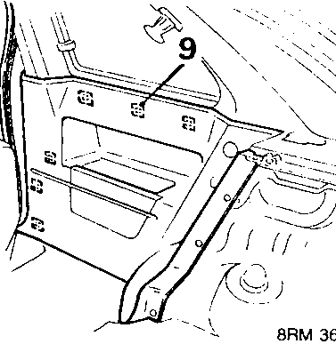 Diagram showing the release of door sealing rubber and removal of the lower trim casing near the rear seat area.