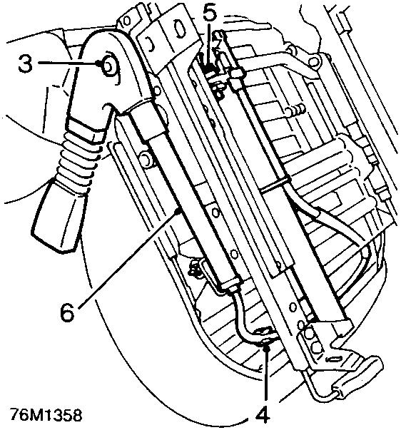 Diagram of the underside of a seat showing the pretensioner unit, seat belt buckle, and associated cables and screws, numbered 3, 4, 5, and 6