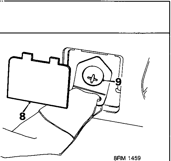 Diagram showing the lower anchorage bolt (9) and cover (8) located behind the seat.