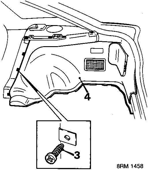 Diagram showing the location of screws (3) in the carpet and a release point (4) near the rear seat structure.
