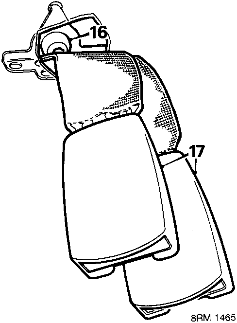 Diagram showing seat belt buckle assembly with bolt callout 16 and buckle callout 17