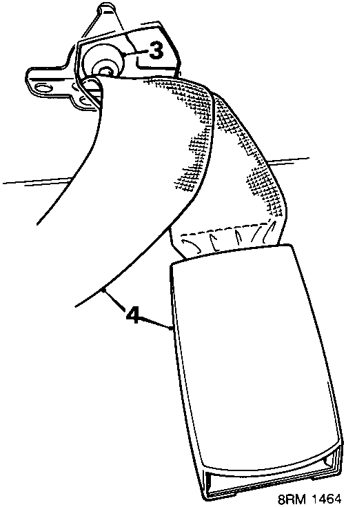 Diagram showing the release of a centre rear seat belt buckle (3) and belt (4) from clips in the rear squab