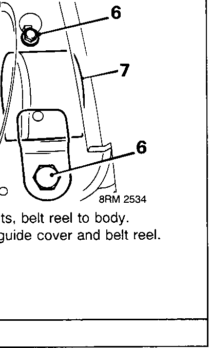 Diagram showing the belt reel (6) and belt guide cover (7) being removed from the body