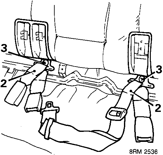 Diagram showing the release of mountings and belts from clips at the rear of the squab