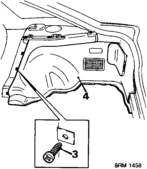 Diagram showing the rear interior trim panel with callout numbers 3 and 4, reference 8RM 1458