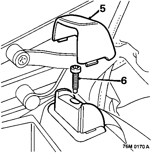 Diagram showing the rear shelf trim (5), seat belt guide cover (not numbered but indicated), and belt guide securing bolt (6).