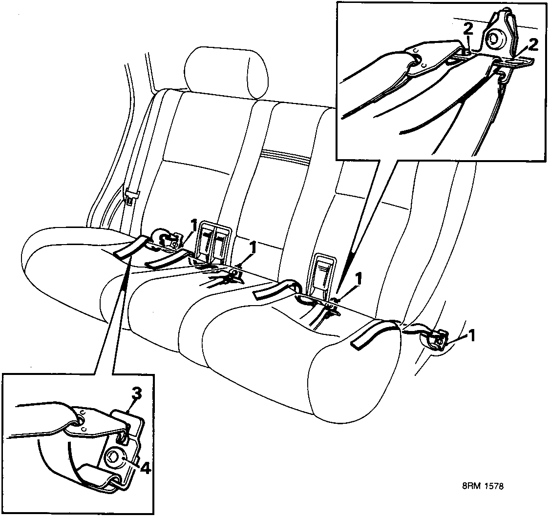 Diagram of rear seat showing child restraint anchorage points (1), seat belt bracket eye (2), adaptor plate (3), and anchor bolt (4).