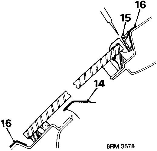 Diagram showing parts 14, 15, and 16 related to the upper moulding and body flange