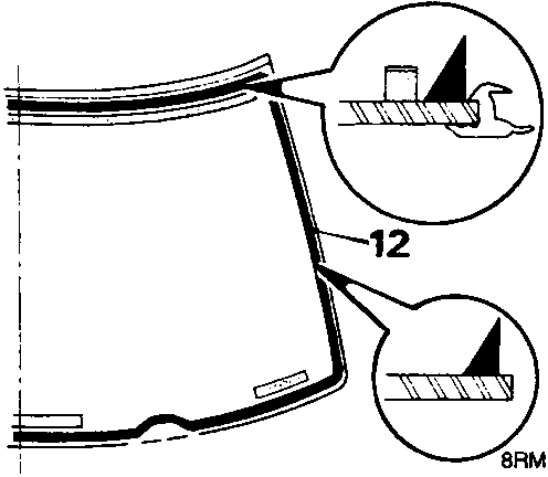 Diagram showing the application of a continuous bead of sealer around the edge of a windscreen, with a close-up view of the bead profile.